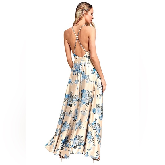 Lulus Overjoyed Champagne Satin Floral Sleeveless Maxi Dress Size XS - Picture 2 of 13